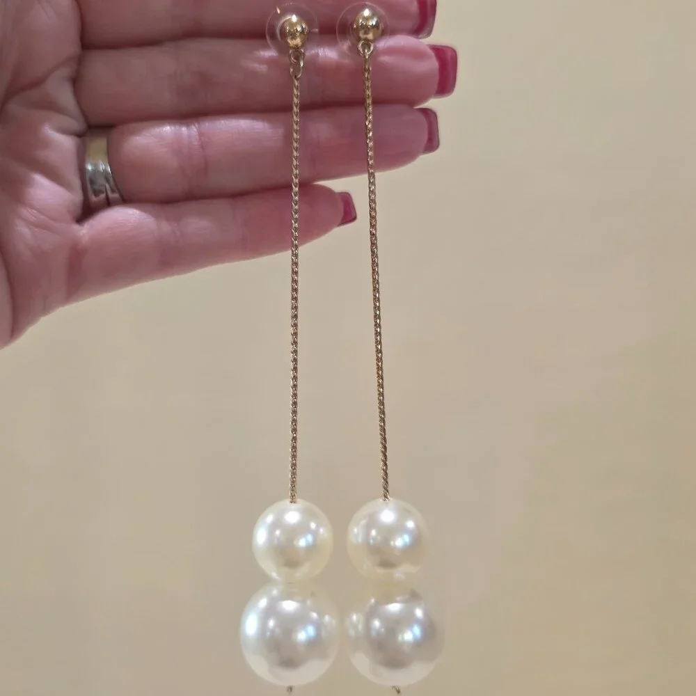 BP Nordstrom Long Two Faux Pearl Gold Chain Dangle Pierced Earrings